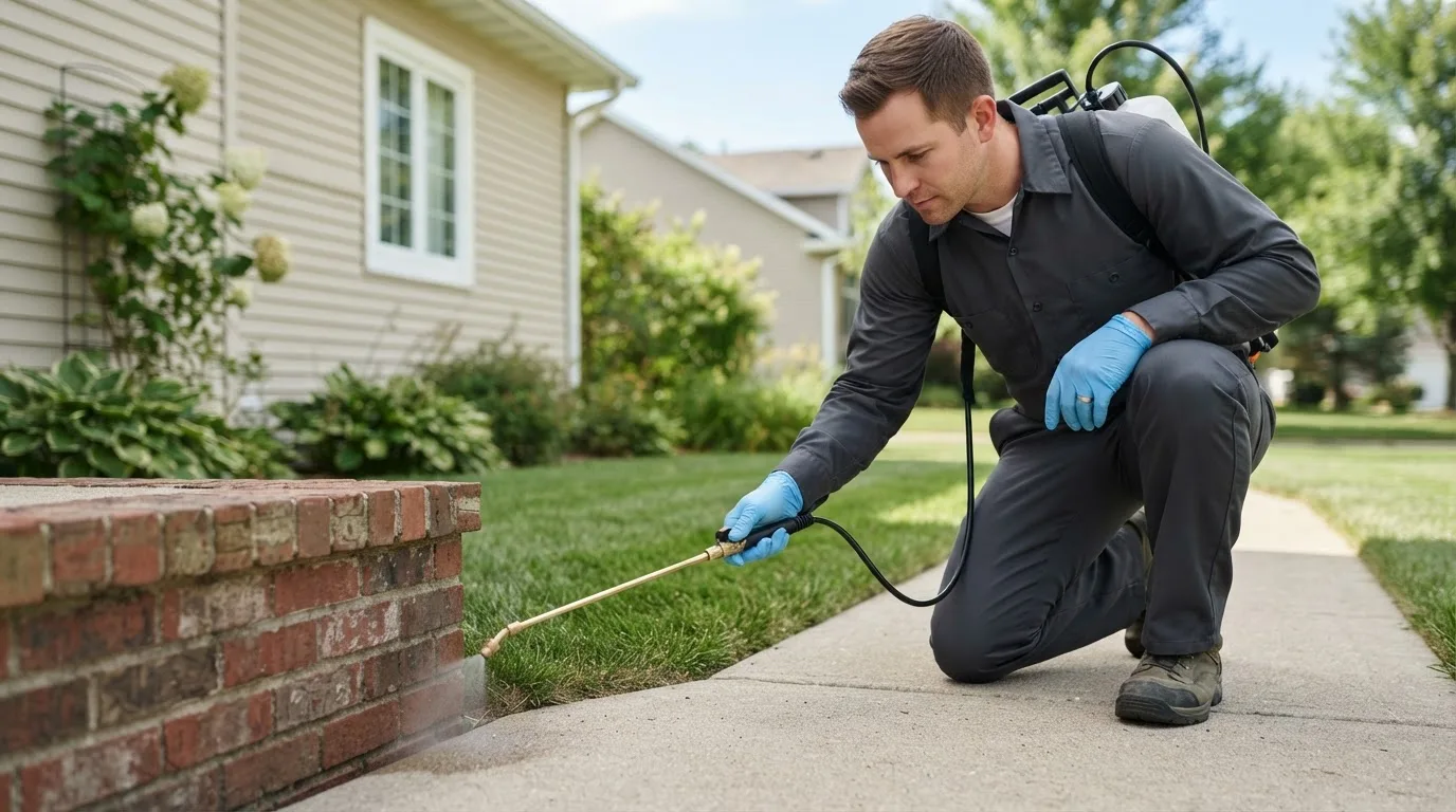 Pest control technician treating a home near Itasca, TX